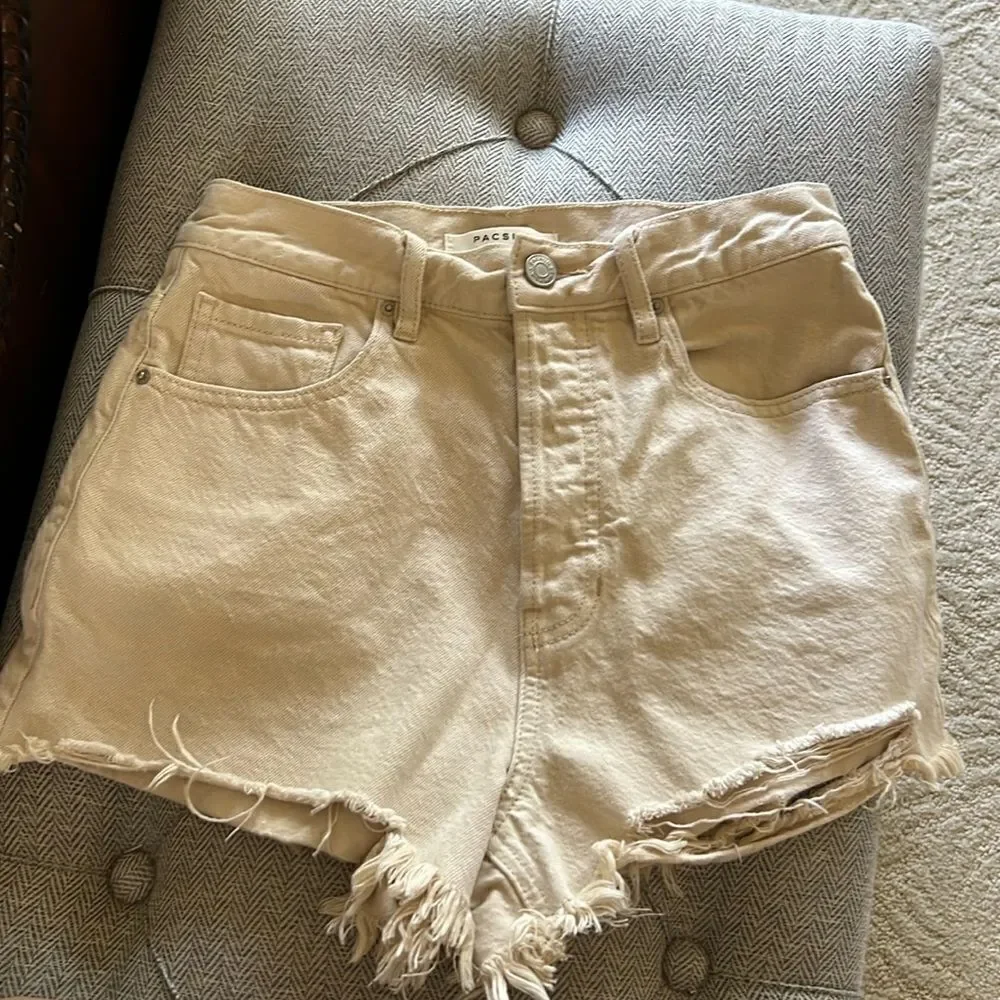 PacSun Eco Beige Ripped Vintage High Waisted Denim Shorts Size 26
